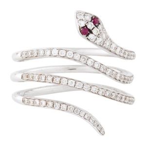 Anne Sisteron snake 14k white gold, .33 carats natural diamonds, .02 ruby size 6